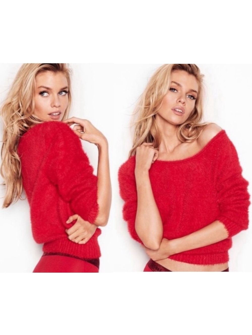 VICTORIA'S SECRET Fuzzy Cropped Off-Shoulder Long Sleeve Sweater Red Size Small